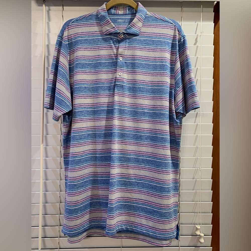 johnnie-O Blue and Pink Striped Polo Shirt